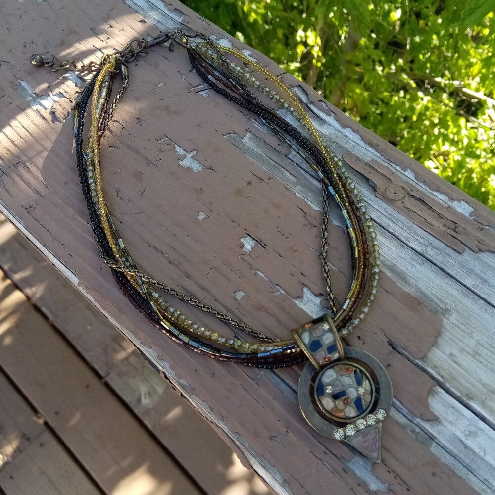 Chico's multi strand rhinestone & bronze tone mosaic beaded necklace - Picture 4 of 11